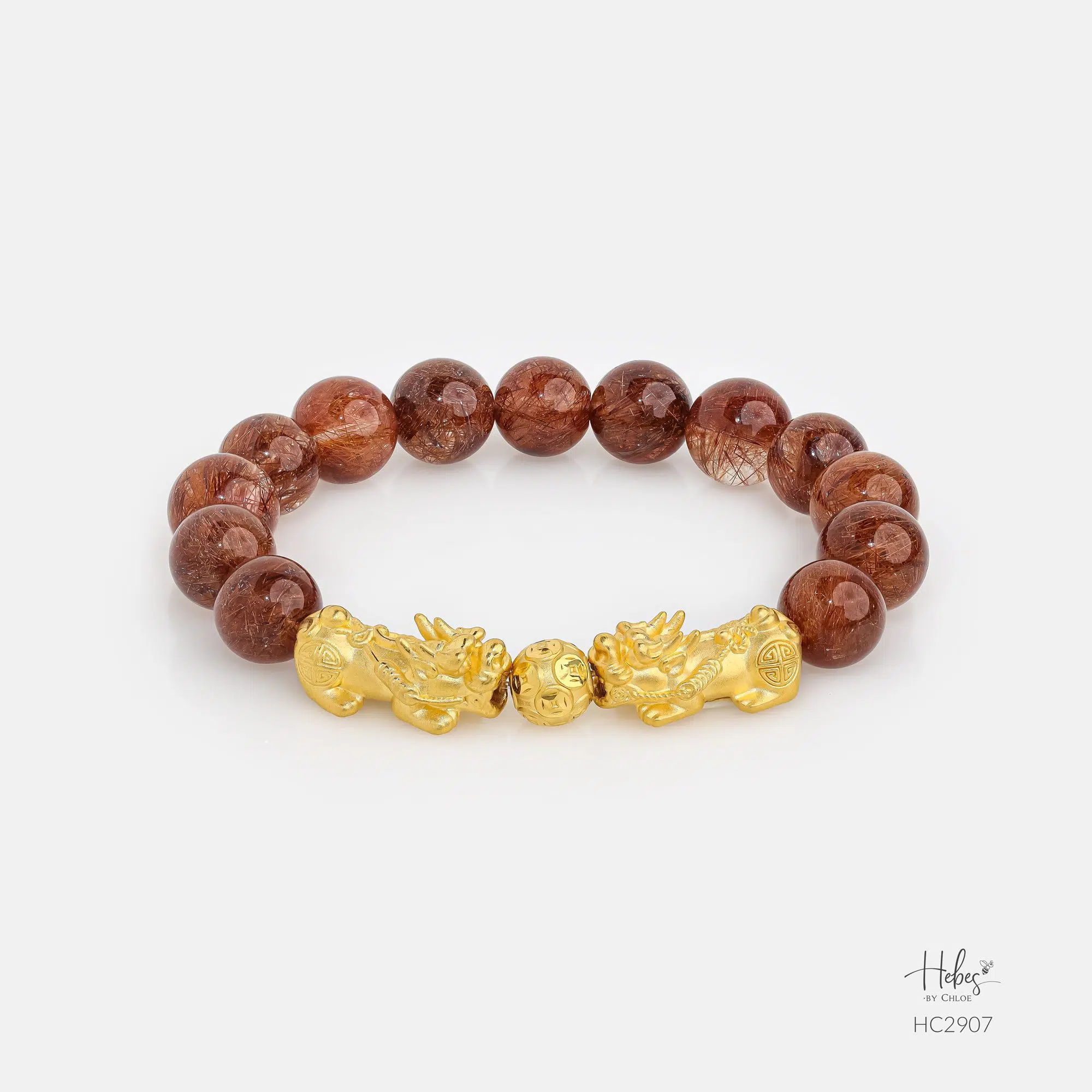 24K Gold Pixiu Brown Rutilated Quartz Pixiu Bracelet (10mm) 992907