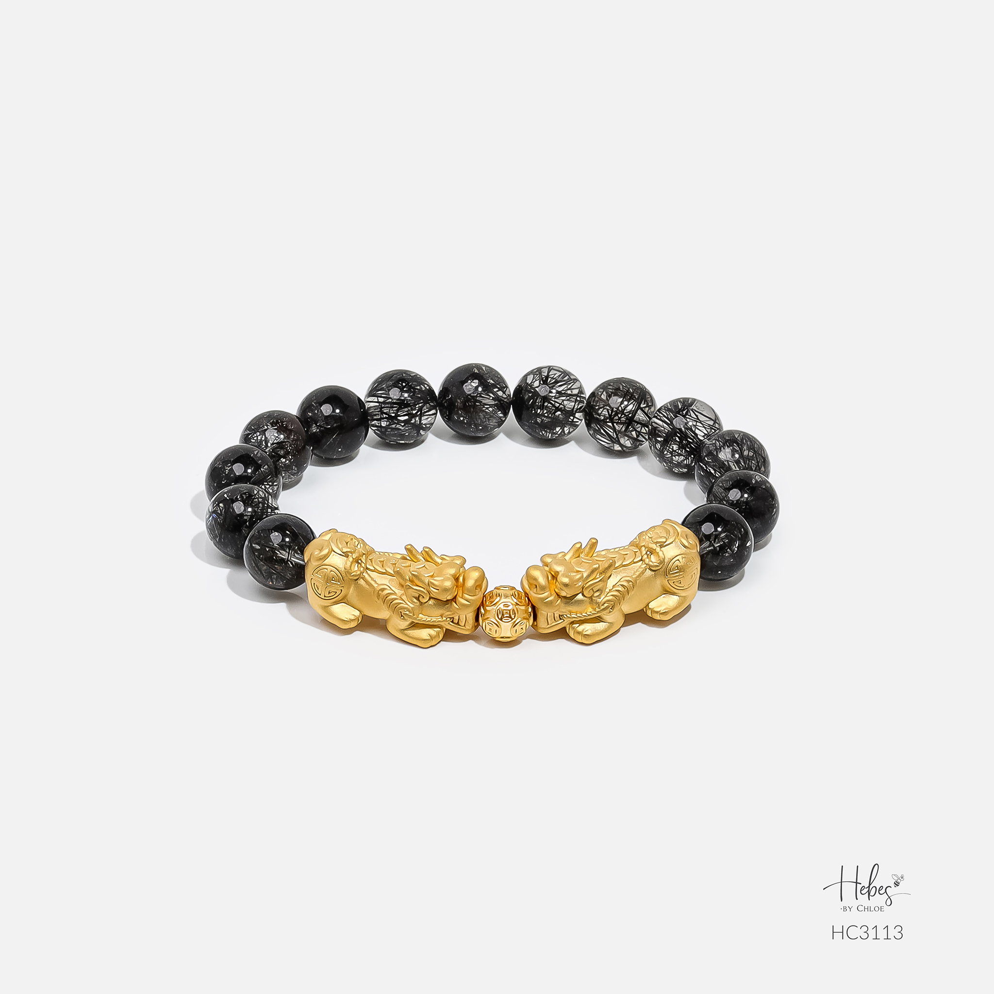Gold Vermeil Pixiu Black Rutilated Quartz Bracelet (10mm) 993113
